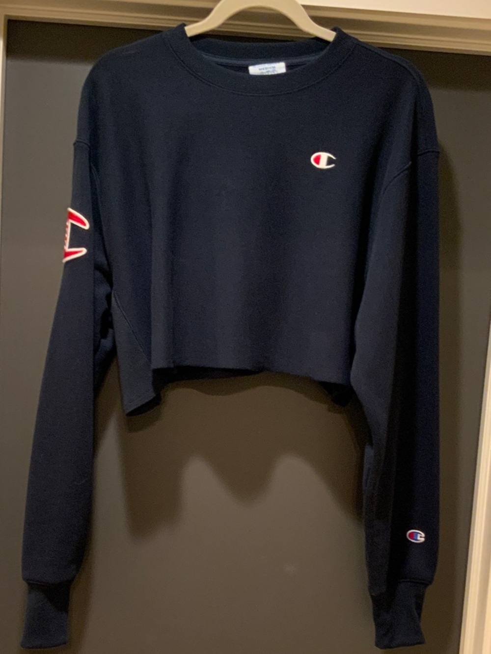 Champion Navy Cropped Crew Sweatshirt with Red & White Logos